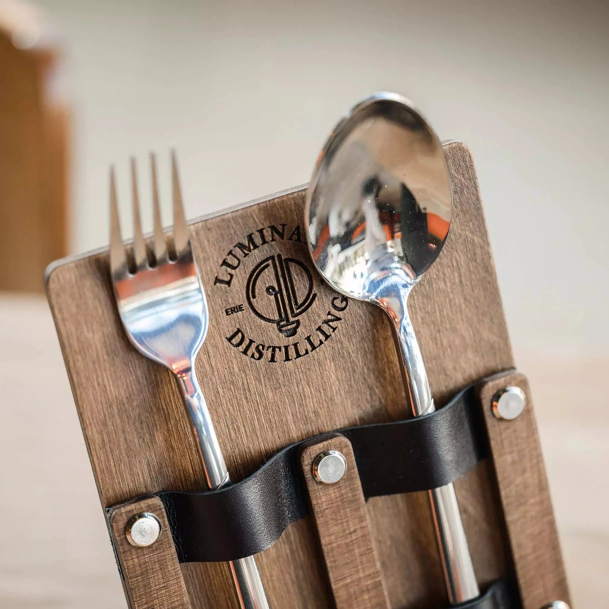Wooden Cutlery Holder with Leather Holdings
