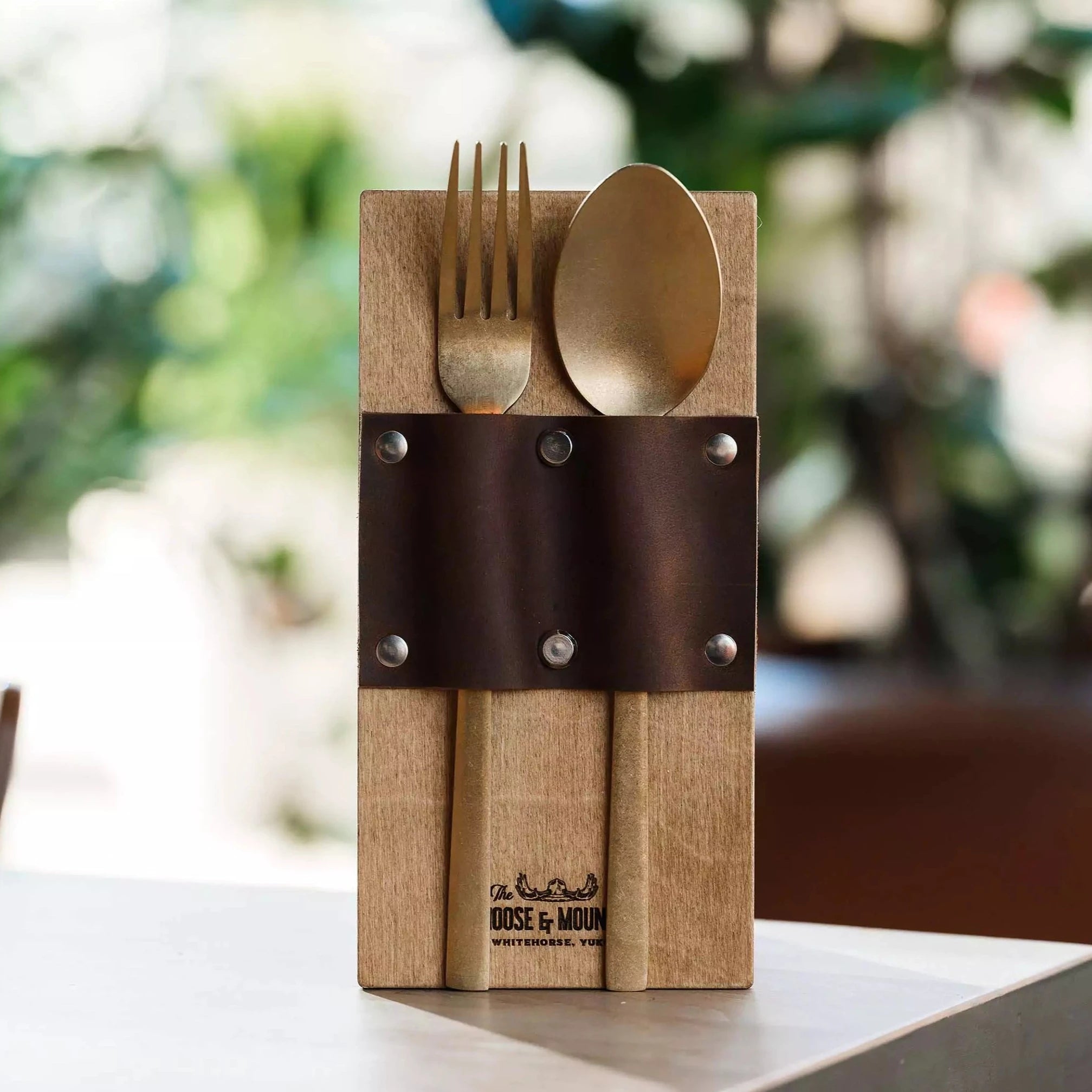 Wooden Cutlery Holder with Leather Holder