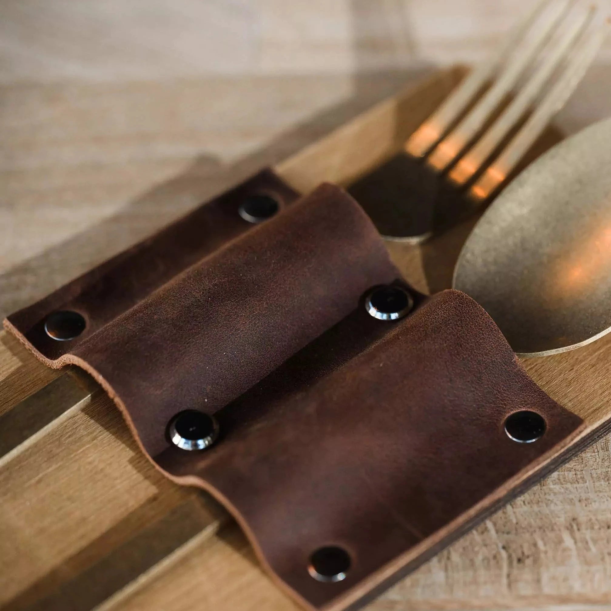 Wooden Cutlery Holder with Leather Holder