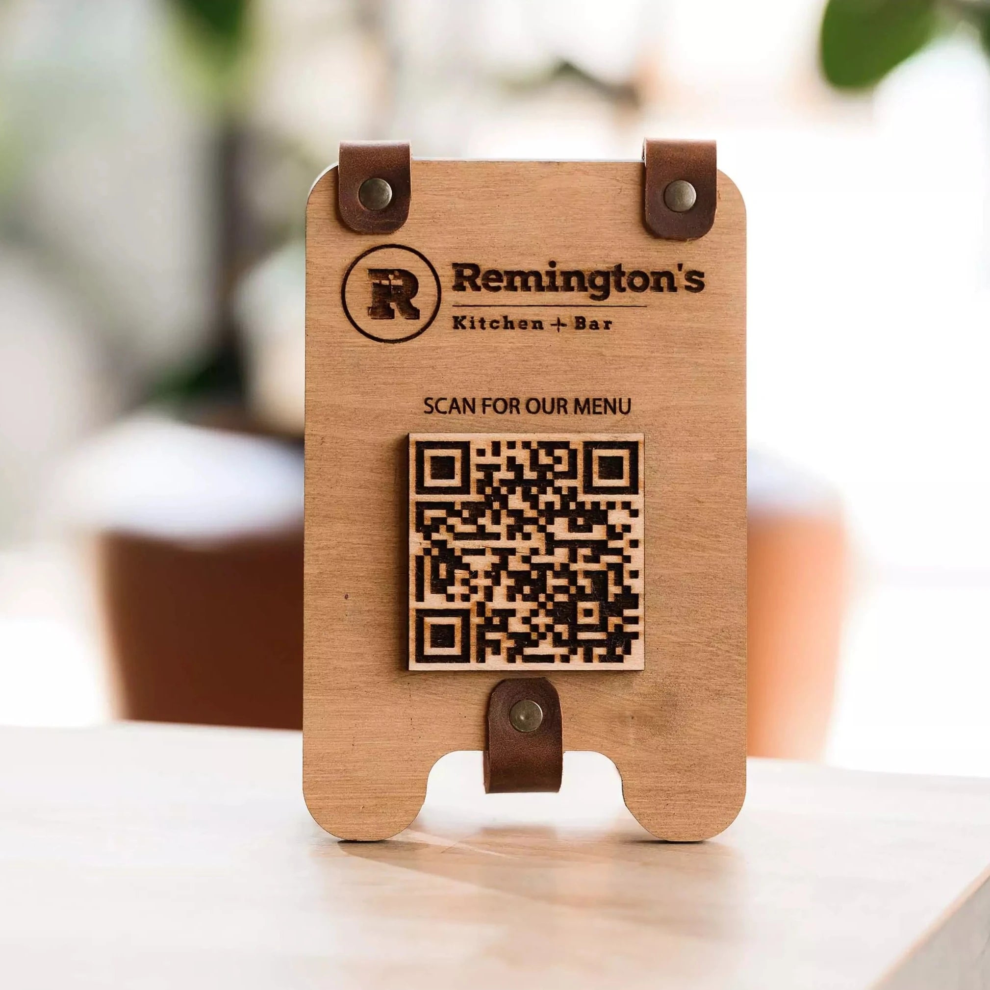 Wooden Tabletop with QR Code Menu Sign