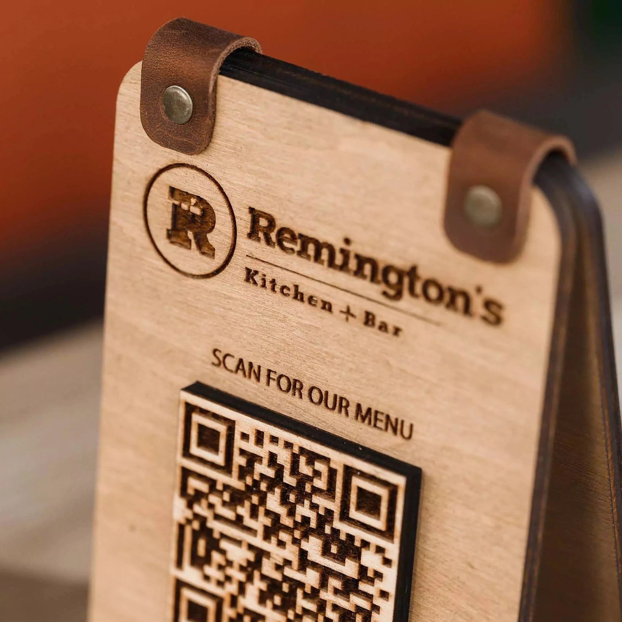 Wooden Tabletop with QR Code Menu Sign