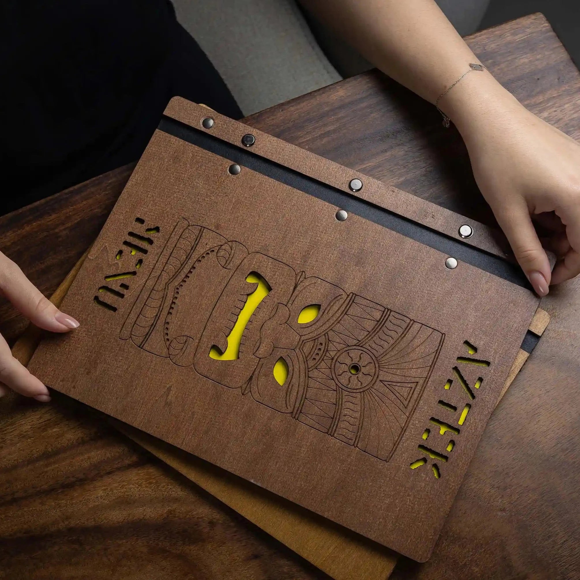 Unique Cut-Out Wooden Menu Folder: Adds flair with a distinctive cover design.